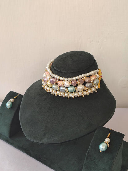 Multi-Hue Baroque Pearl Cluster Choker & Earring Set