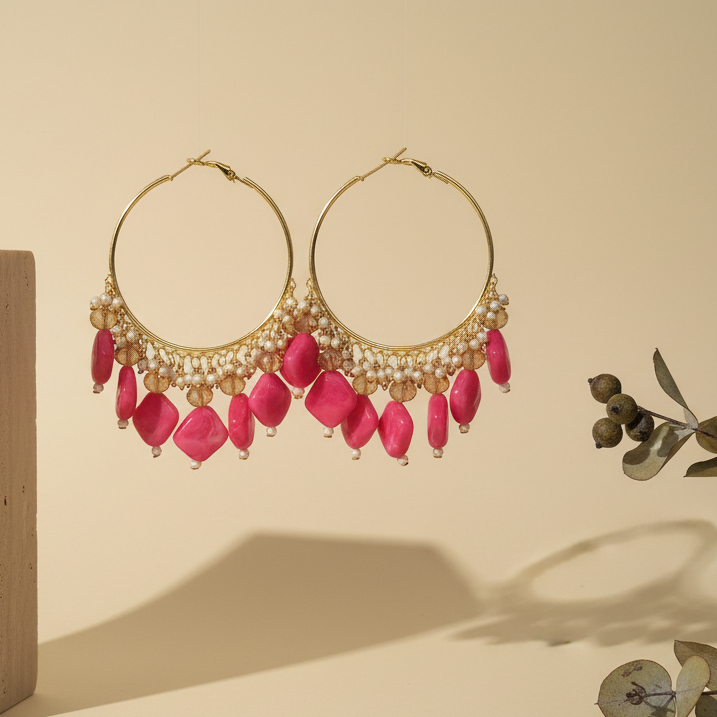Golden Metal Hoop With Bright Pink Stone DB00389