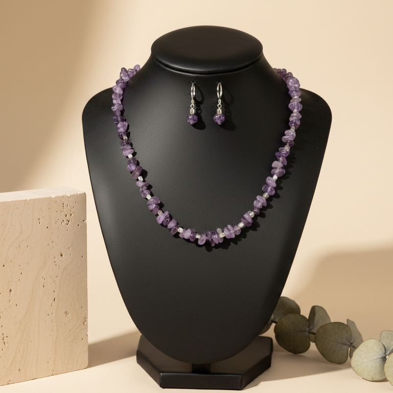 Purple stone & Necklace With Earrings