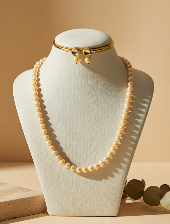 Light Golden Pearl With Golden Metal Earrings