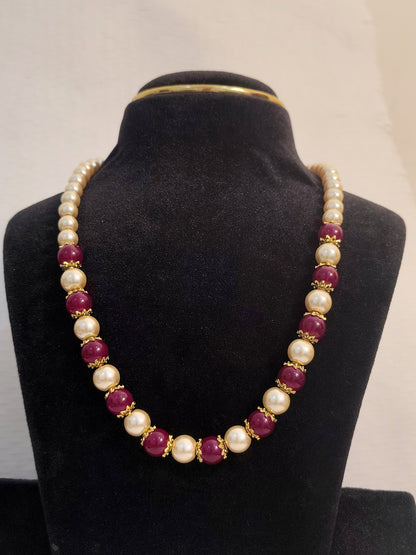 Maroon and Cream Beaded Pearl Necklace with Gold Spacers