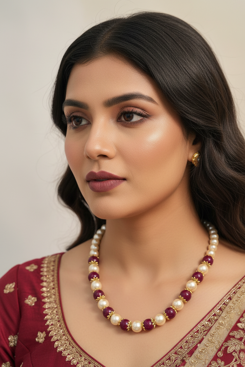 Maroon and Cream Beaded Pearl Necklace with Gold Spacers
