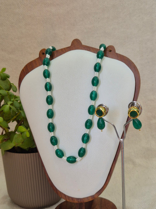 Elegant Green Drop & White Bead Necklace & Earring Set