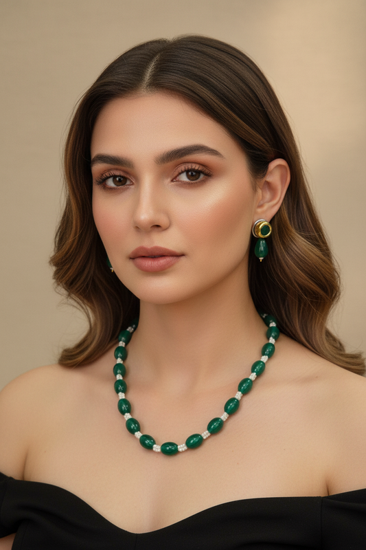 Elegant Green Drop & White Bead Necklace & Earring Set DB00431
