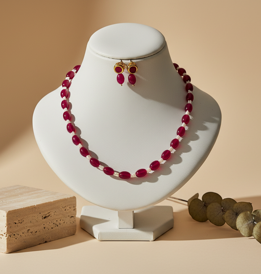 Elegant Red Drop Shape Pearl & White Bead Spacer Necklace & Earrings Set
