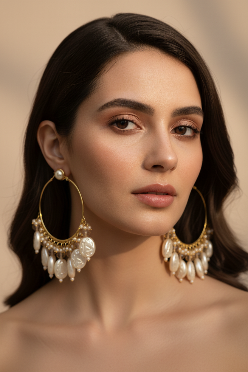Golden Metal Hoop With Golden  & White shade Stone DB00233
