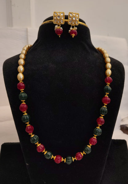 Ruby Red & Emerald Green Fluted Beads Necklace