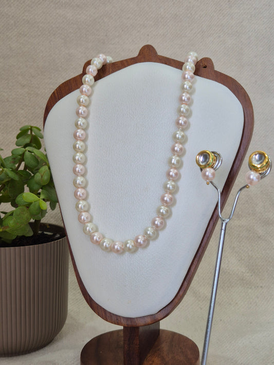 Pink And White Pearl Combination Necklace With Metal Earrings