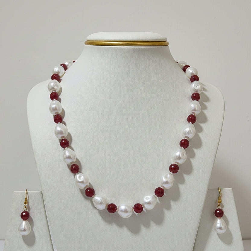 Pearl & Ruby Red white Necklace With Matching Earings