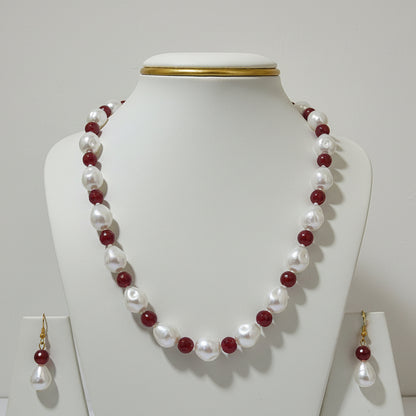 Pearl & Ruby Red white Necklace With Matching Earings