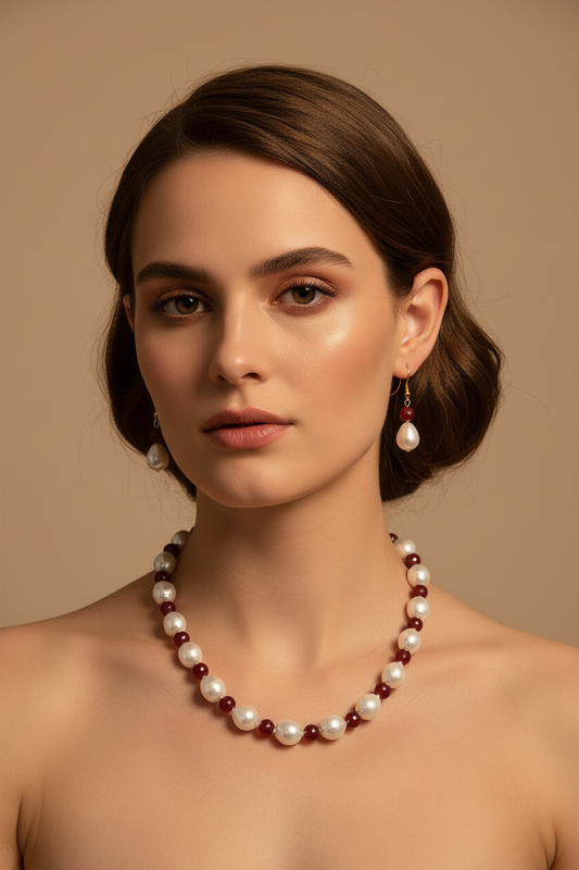Pearl & Ruby Red white Necklace With Matching Earings