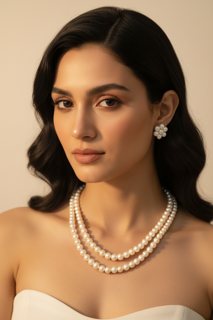 White pearl Long Necklace With Earrings