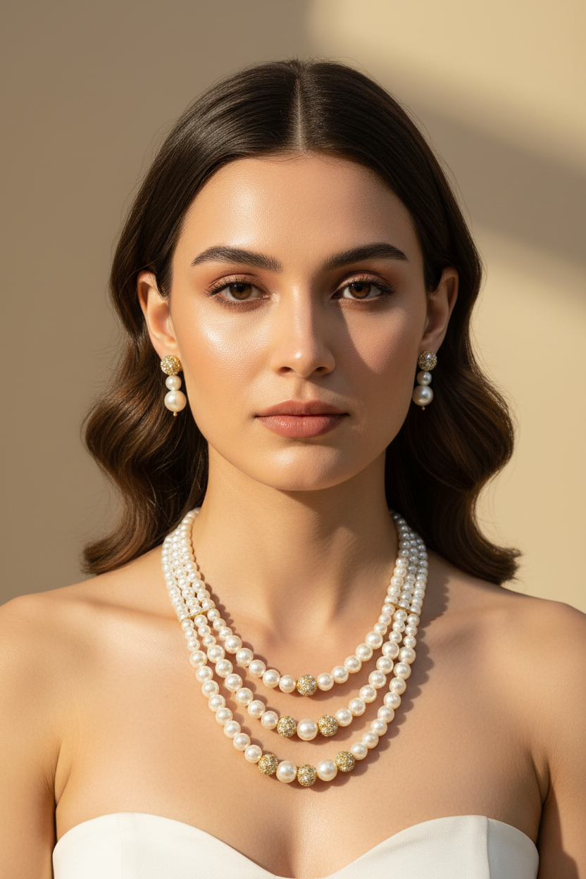 3 Layer Peral White & Golden with Earrings Necklace