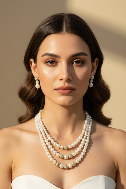 3 Layer Peral White & Golden with Earrings Necklace