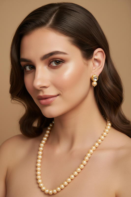 Light Golden Pearl With Golden Metal Earrings