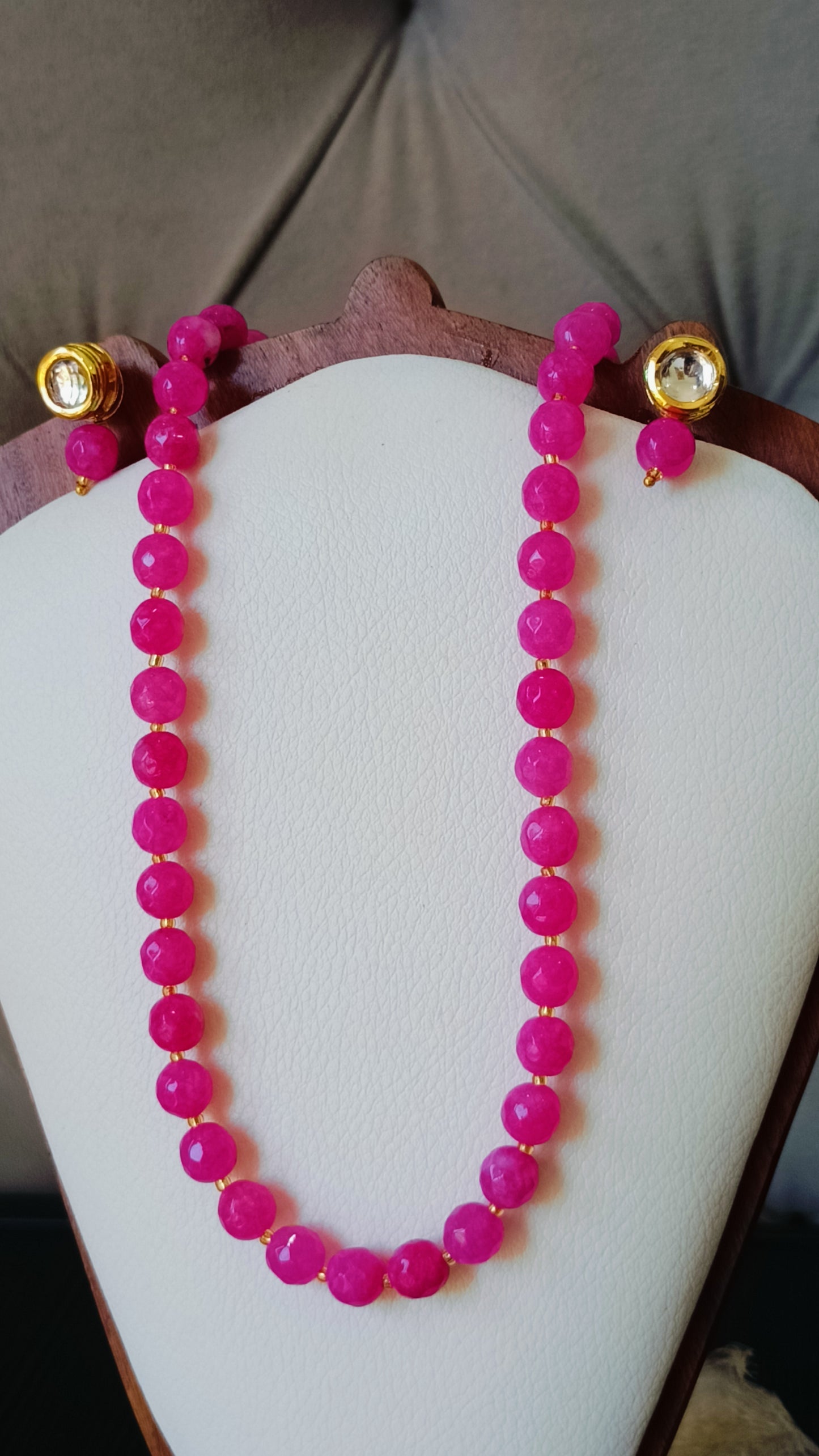 Bright Pink Onyx Beads With Metal Earrings