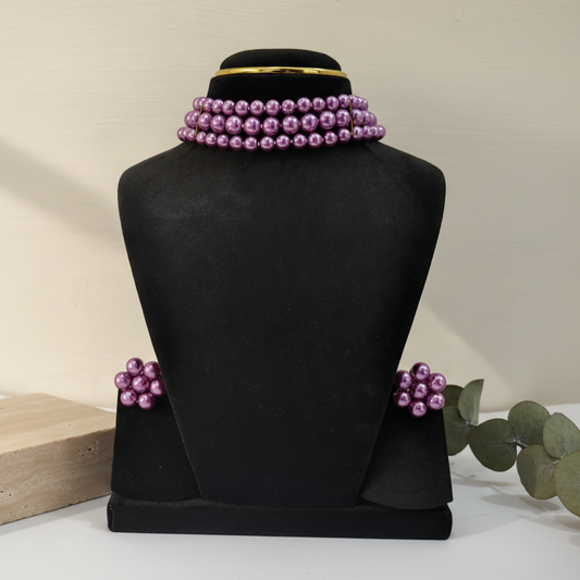 Purple Pearl 3 Layer With Earrings Chokar Set
