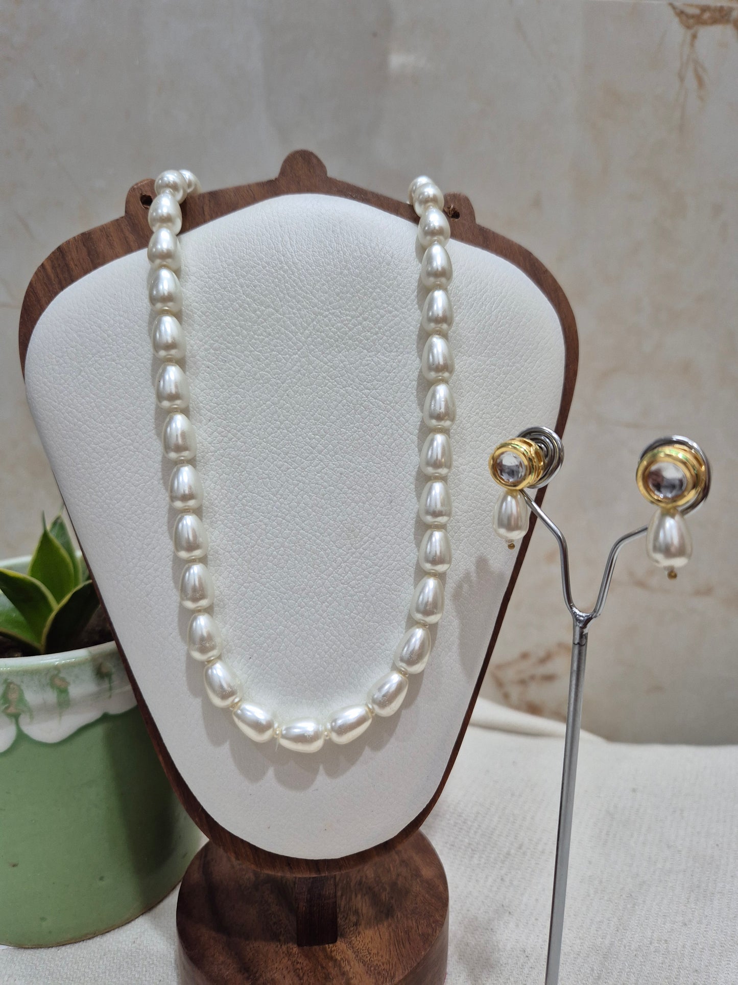 White Drop Shaped Pearl With Metal Earrings