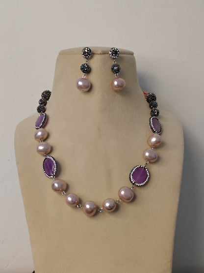 Multi Purple Shade Stone With Matching Earrings