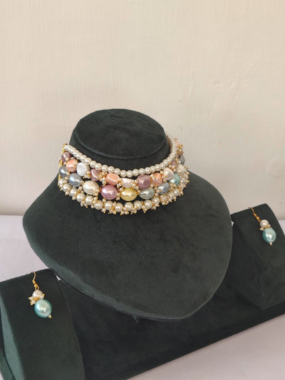 Multi-Hue Baroque Pearl Cluster Choker & Earring Set