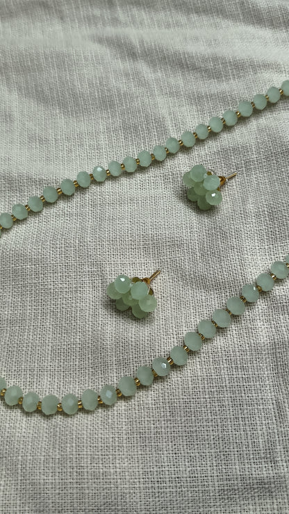 Diamond Cut Frosted Mint Green Faceted Bead Necklace & Earring Set
