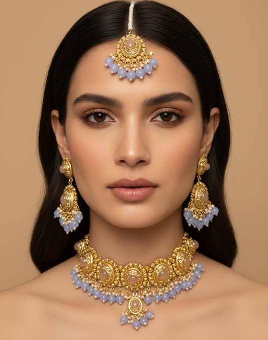 Traditional Golden & light Blue Choker With Golden Metal Earrings