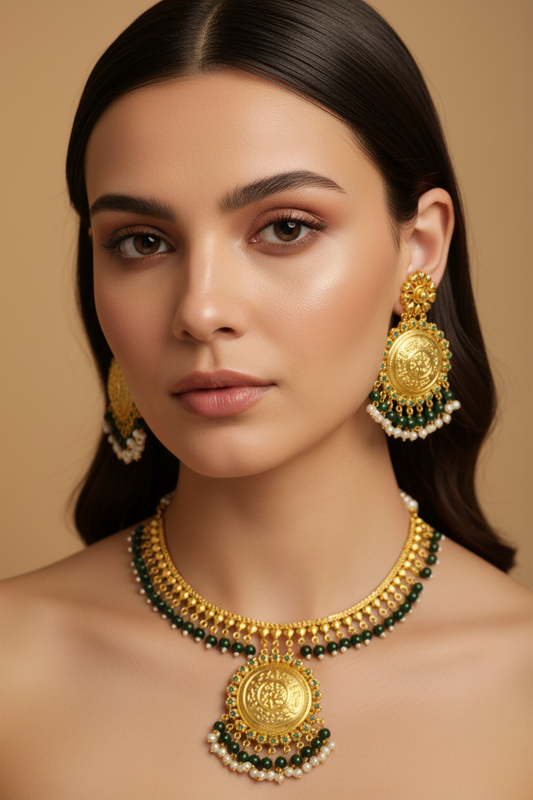 Royal Bright Green Colour Choker With Earrings & Maang Tikka Set