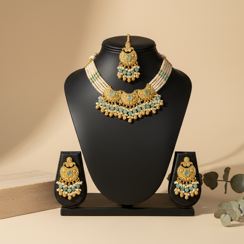 Royal Green& White Shade Choker With Matching Earrings & Maang Tikka