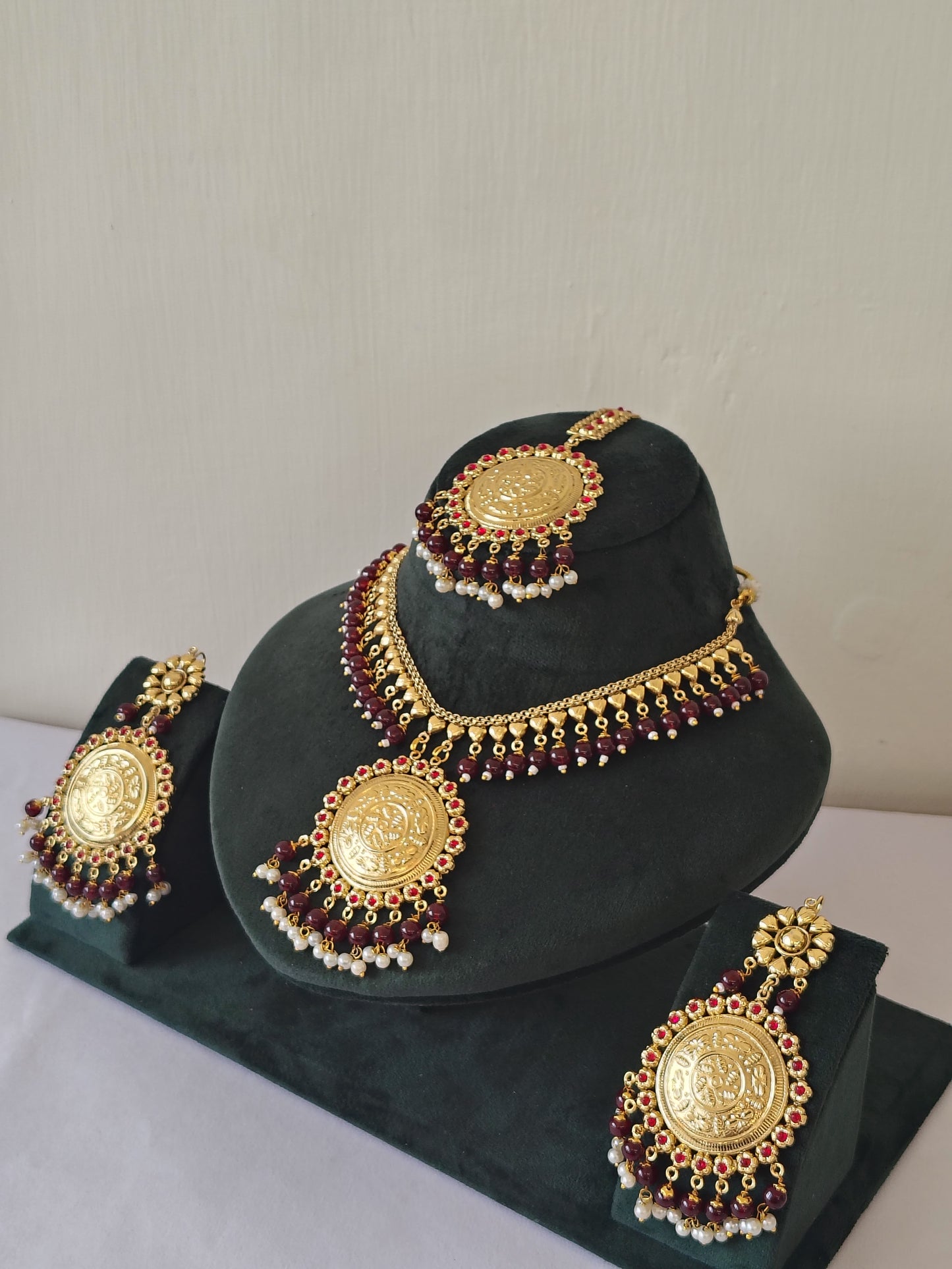 Maroon Royal Pearl Choker & Multi Strand Jewellery Set With Maang Tikka & Earrings
