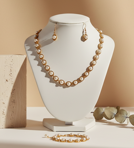 White Pearls With Golden Metal - Necklace, Earrings, Bracelet -5 piece Set