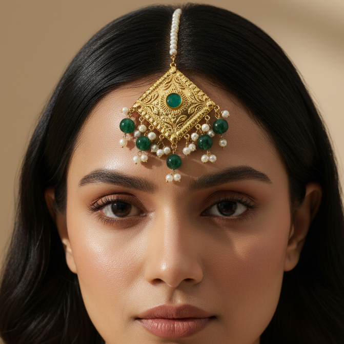 Royal Emerald & Gold Filigree Choker Set with Matching Maang Tikka and Earrings