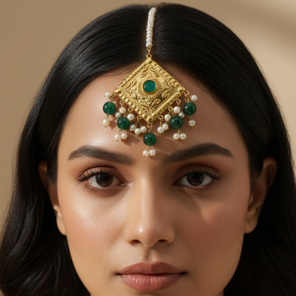 Royal Emerald & Gold Filigree Choker Set with Matching Maang Tikka and Earrings