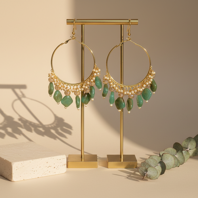 Golden Metal Hoop With C Green Stone