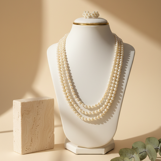 3 Strands Long White Pearl Necklace