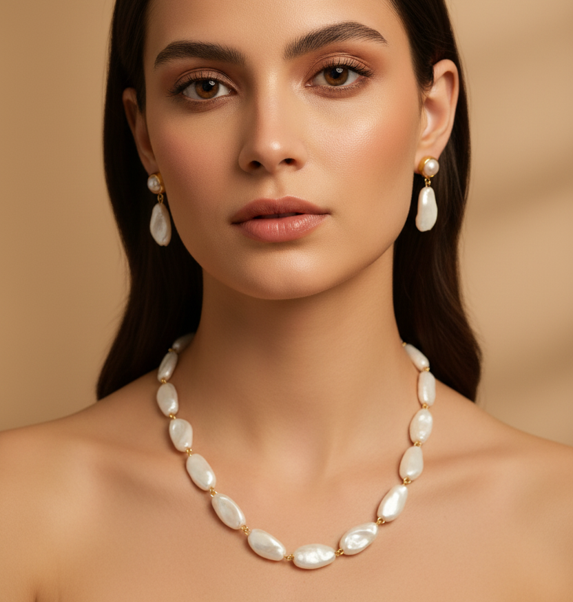 White stone Pearl Necklace With Matching Earrings
