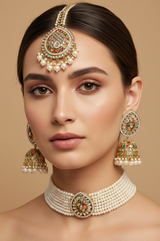 Multi strand White Choker With Earrings & Maang Tikka