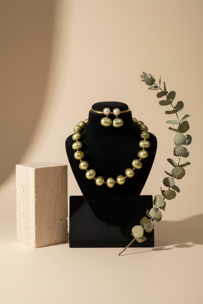 Korean Green Pearl With Earrings Big Size Necklace  DB00043