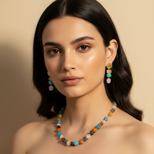 Multi colour long Necklace With Earrings Set
