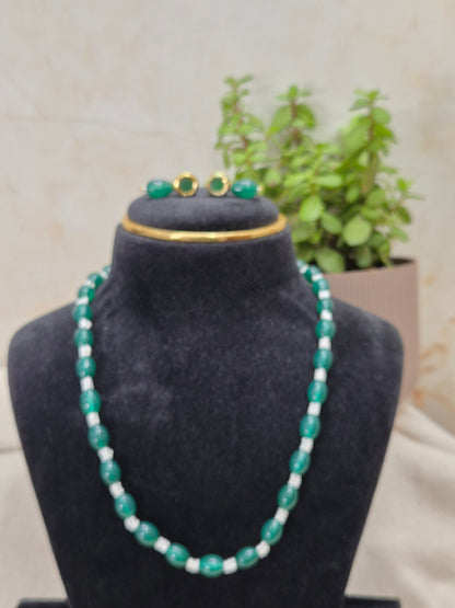 Elegant Green Drop & White Bead Necklace & Earring Set