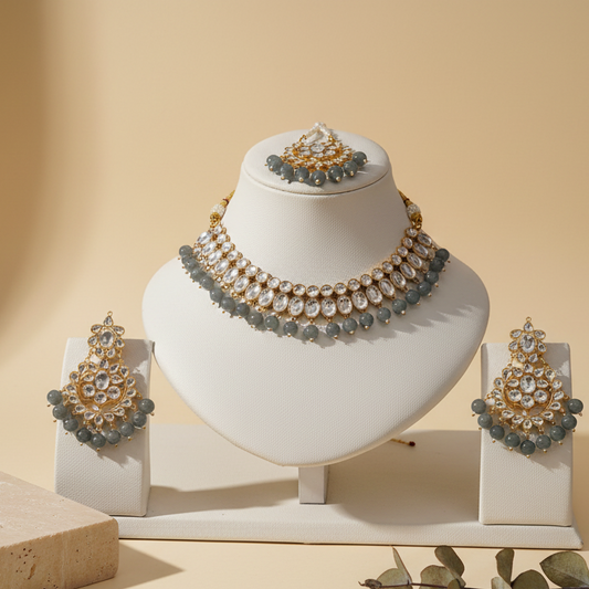 Light Gray Golden Shade Kundan Set - Premium Quality With Matching Earrings
