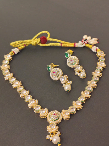 Meera Kundan Green & Golden Emerald Drop Choker With Earrings Set