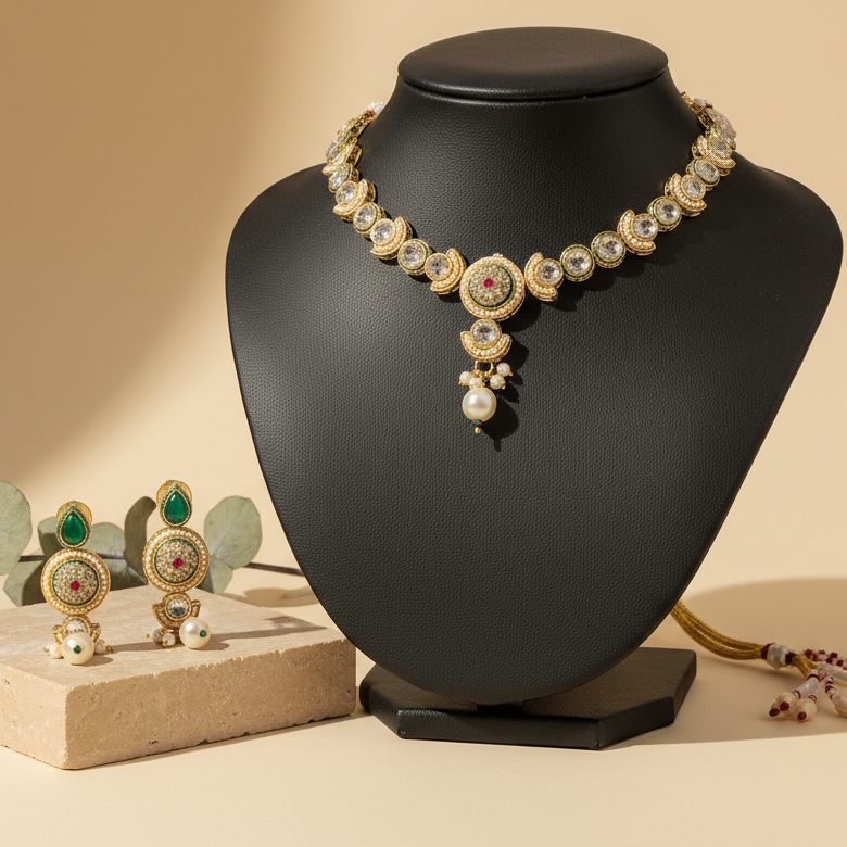 Meera Kundan Green & Golden Emerald Drop Choker With Earrings Set