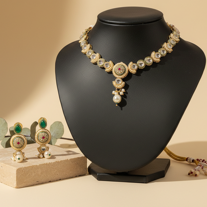 Meera Kundan Green & Golden Emerald Drop Choker With Earrings Set