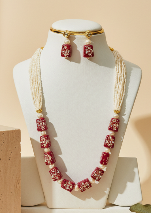 Ethereal Bright Pink white Gold & Pearl Necklace With Matching Earings