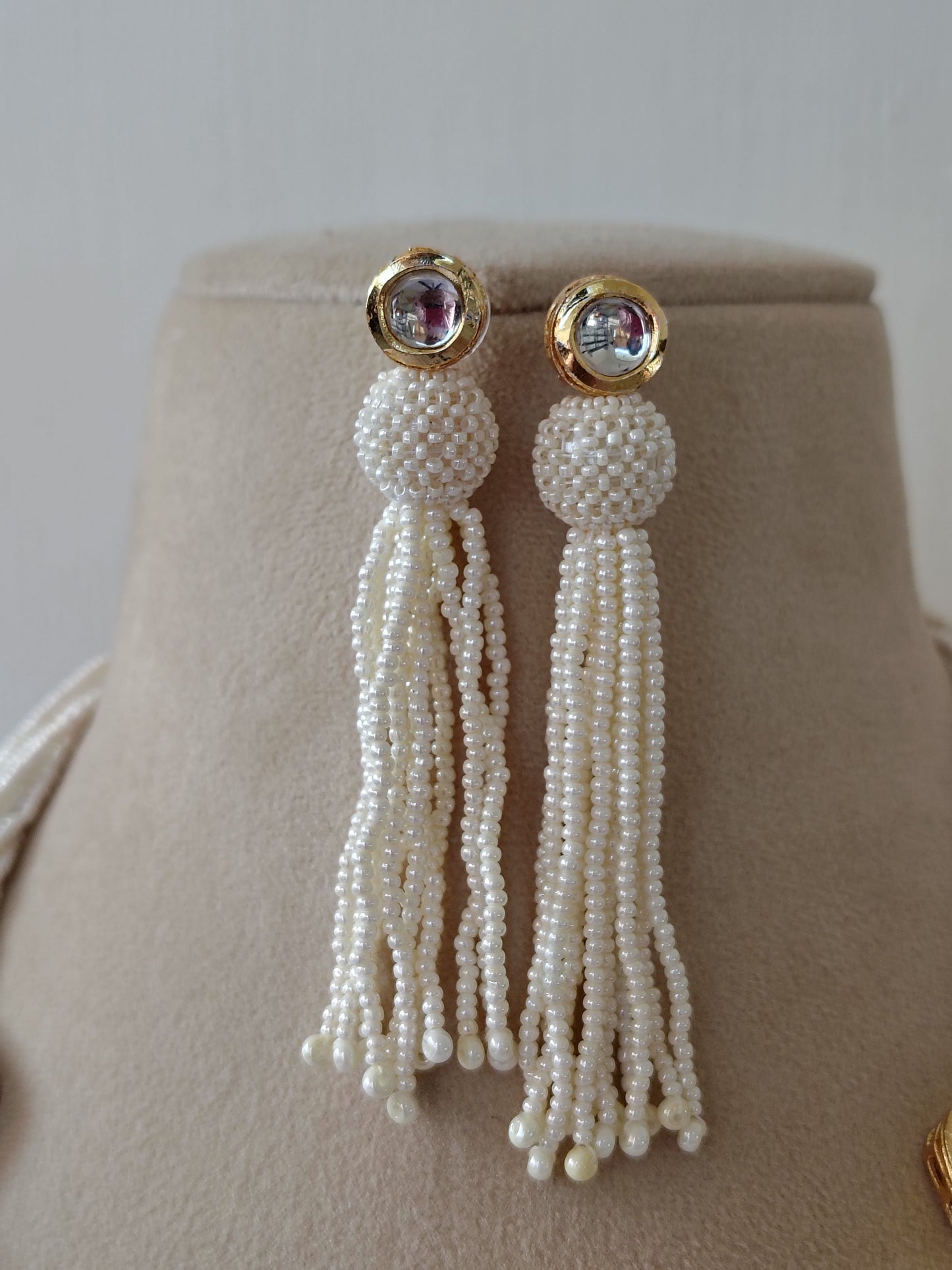 Imperial White Pearl Tassel & Gold Filigree Set & Matching Earrings