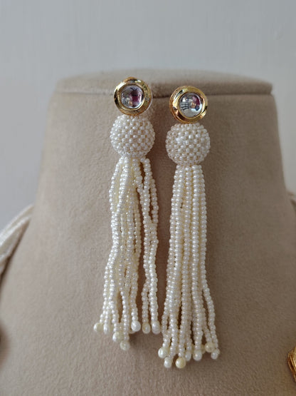 Imperial White Pearl Tassel & Gold Filigree Set & Matching Earrings