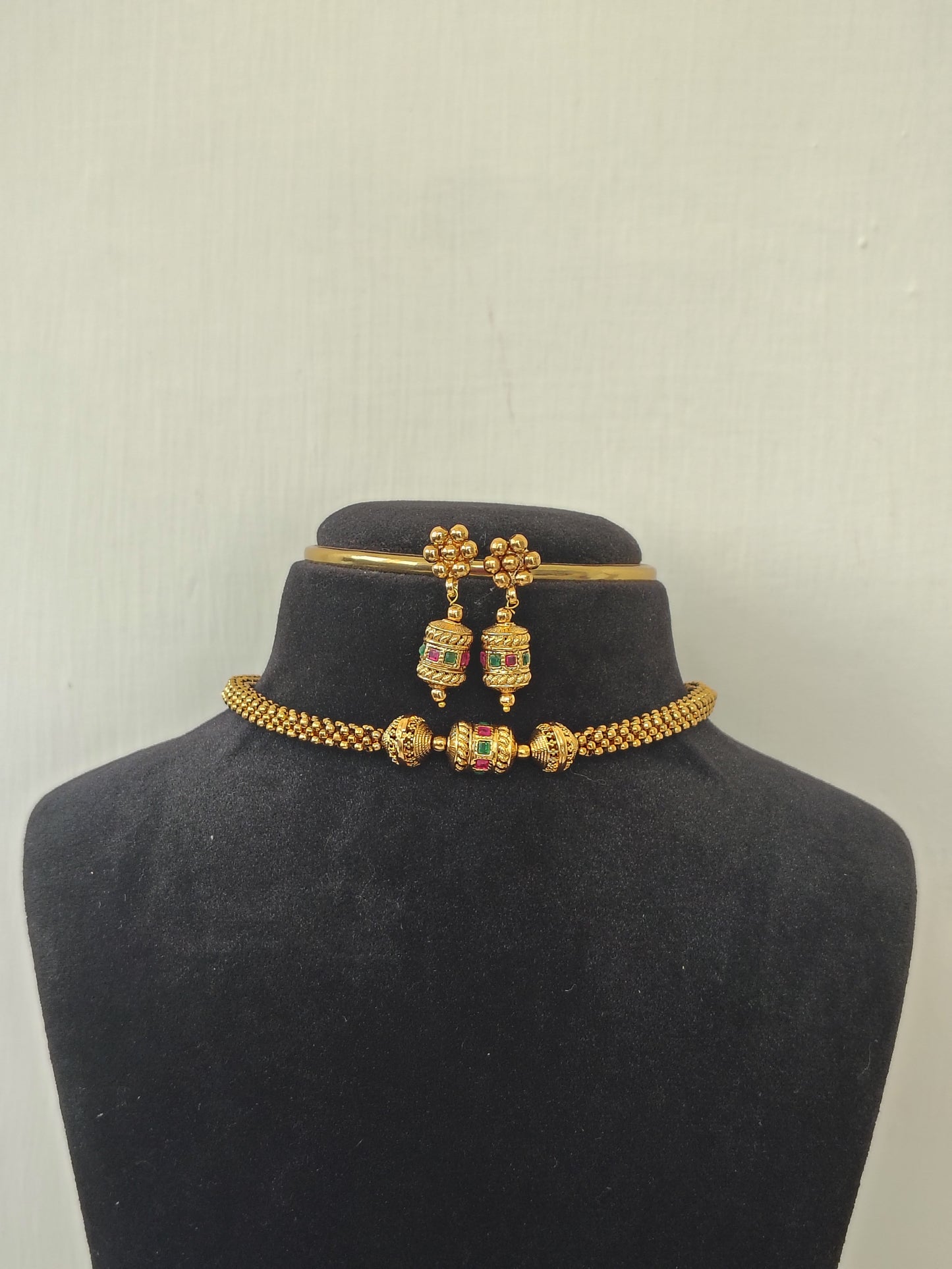 Dainty Gold-Plated Bead Choker & Jhumka Set & Earrings