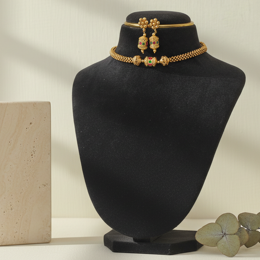 Dainty Gold-Plated Bead Choker & Jhumka Set & Earrings