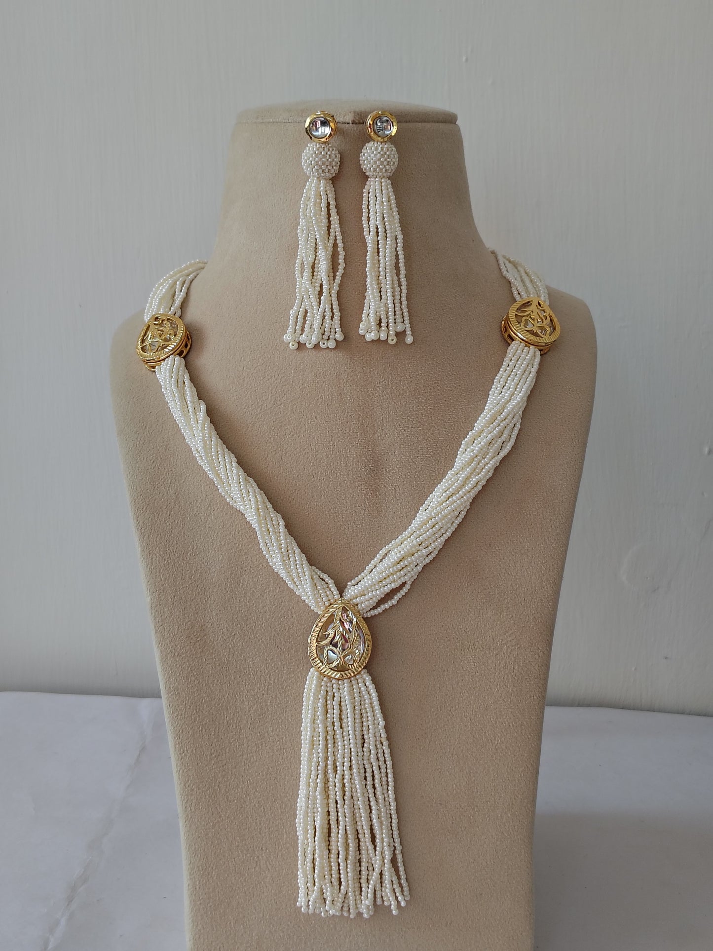 Imperial White Pearl Tassel & Gold Filigree Set & Matching Earrings