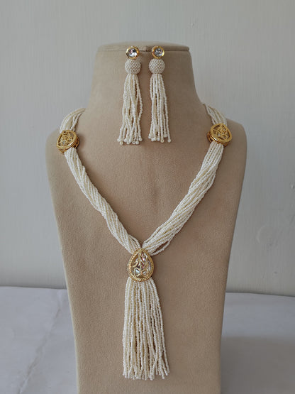 Imperial White Pearl Tassel & Gold Filigree Set & Matching Earrings